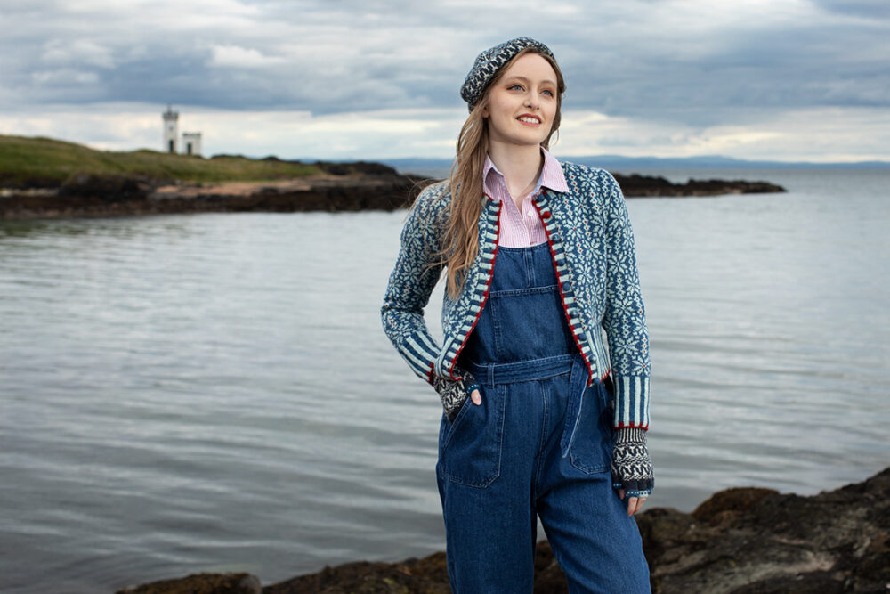 The Polaris Cardigan and Hirta Hat Set patterncard kit designs by Alice Starmore in Hebridean 2 Ply