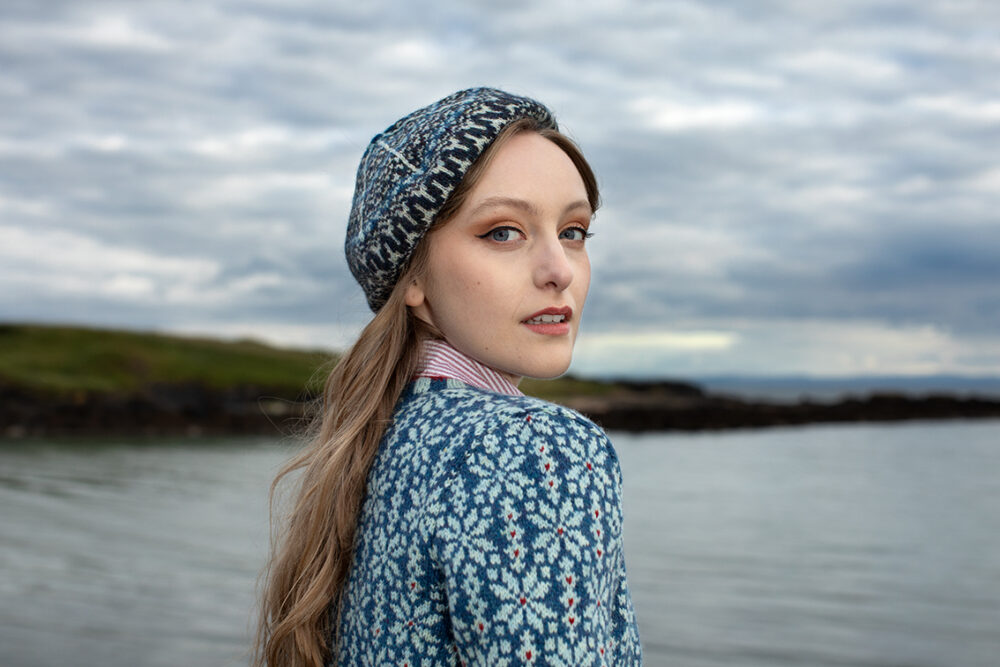 The Polaris Cardigan and Hirta Hat Set patterncard kit designs by Alice Starmore in Hebridean 2 Ply