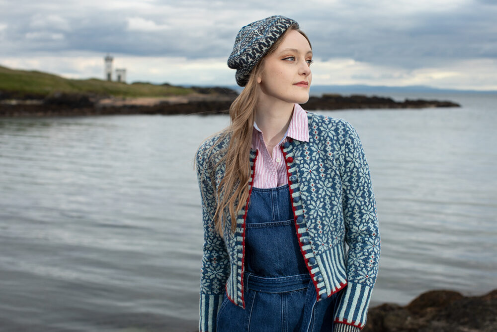 The Polaris Cardigan and Hirta Hat Set patterncard kit designs by Alice Starmore in Hebridean 2 Ply