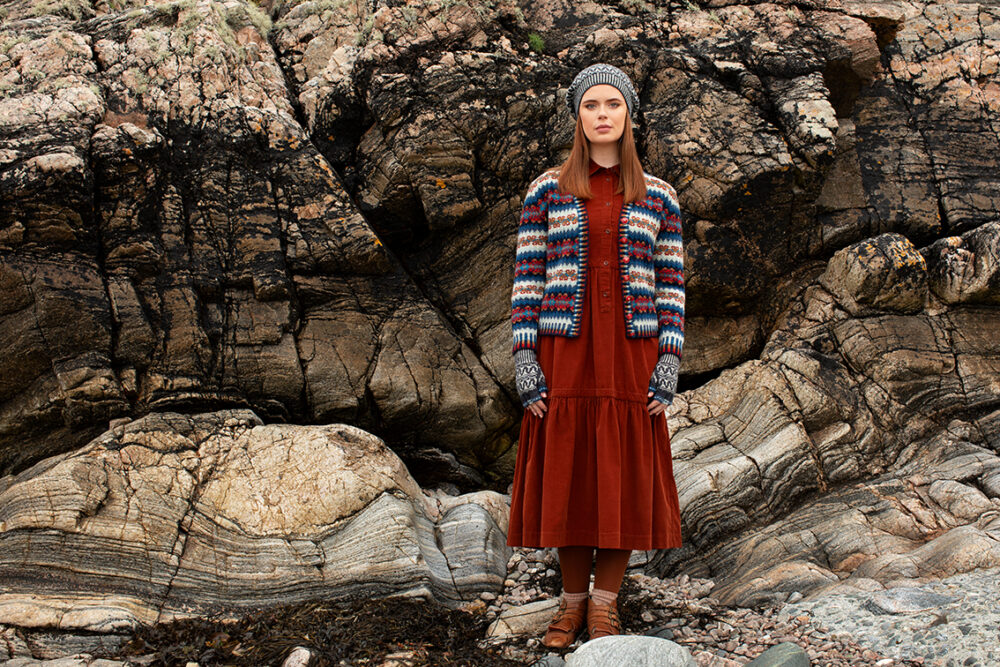 The Wave Cardigan and Hirta Hat Set patterncard kit designs by Alice Starmore in Hebridean 2 Ply
