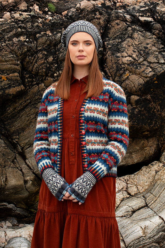 The Wave Cardigan and Hirta Hat Set patterncard kit designs by Alice Starmore in Hebridean 2 Ply