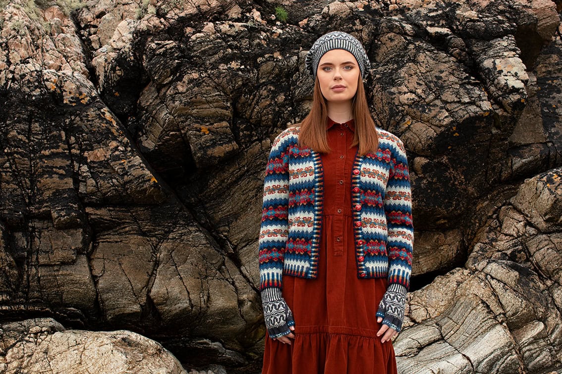 The Wave Cardigan and Hirta Hat Set patterncard kit designs by Alice Starmore in Hebridean 2 Ply