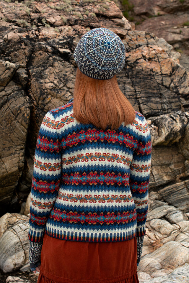 The Wave Cardigan and Hirta Hat Set patterncard kit designs by Alice Starmore in Hebridean 2 Ply