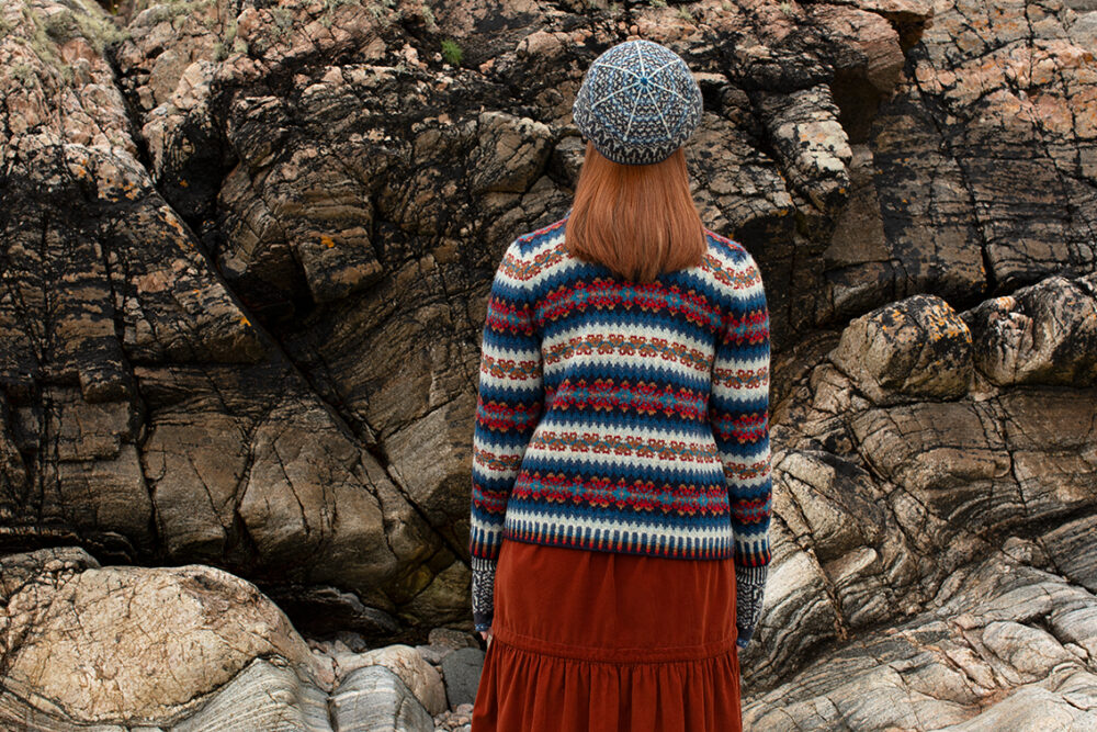 The Wave Cardigan and Hirta Hat Set patterncard kit designs by Alice Starmore in Hebridean 2 Ply