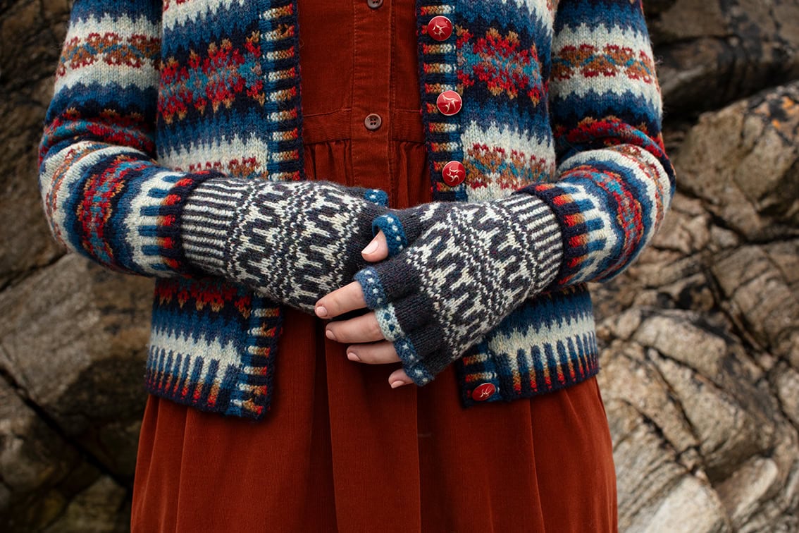 The Wave Cardigan and Hirta Hat Set patterncard kit designs by Alice Starmore in Hebridean 2 Ply