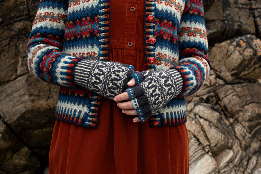 The Wave Cardigan and Hirta Hat Set patterncard kit designs by Alice Starmore in Hebridean 2 Ply