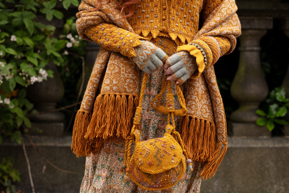 The Eagle Collar, Hirta Hat Set and Sulaire Spencer patterncard kit designs, Sporran Bag and Jane Seymour designs by Alice Starmore in Hebridean 2 Ply