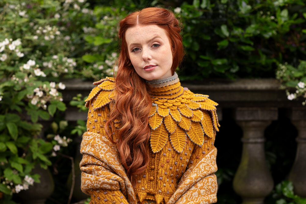 The Eagle Collar, Hirta Hat Set and Sulaire Spencer patterncard kit designs, Sporran Bag and Jane Seymour designs by Alice Starmore in Hebridean 2 Ply