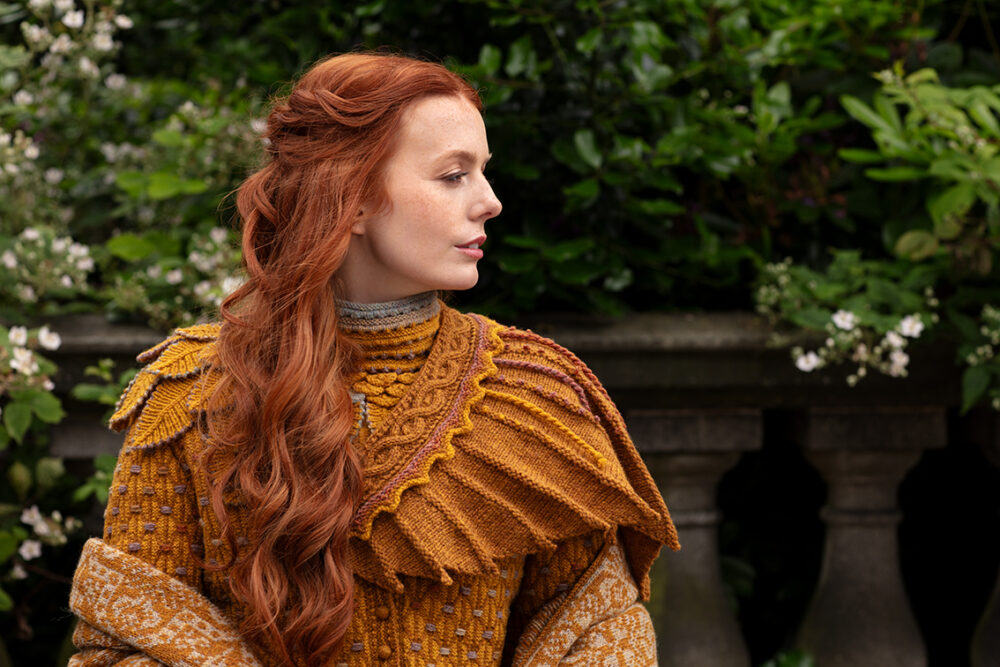 The Eagle Collar, Hirta Hat Set and Sulaire Spencer patterncard kit designs, Sporran Bag and Jane Seymour designs by Alice Starmore in Hebridean 2 Ply