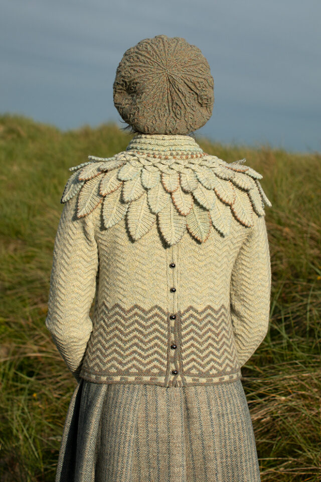The Eagle Collar and Ruabhal patterncard kit designs by Alice Starmore and the Sheshader Pullover patterncard kit design by Jade Starmore in Hebridean 2 Ply