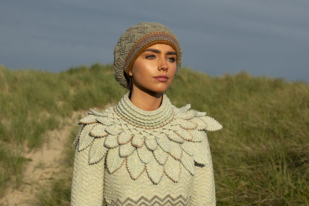 The Eagle Collar and Ruabhal patterncard kit designs by Alice Starmore and the Sheshader Pullover patterncard kit design by Jade Starmore in Hebridean 2 Ply