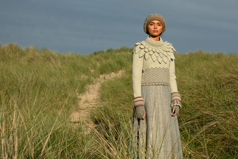 The Eagle Collar and Ruabhal patterncard kit designs by Alice Starmore and the Sheshader Pullover patterncard kit design by Jade Starmore in Hebridean 2 Ply