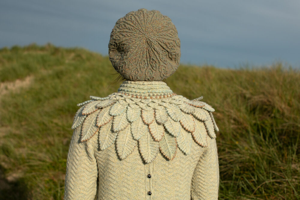 The Eagle Collar and Ruabhal patterncard kit designs by Alice Starmore and the Sheshader Pullover patterncard kit design by Jade Starmore in Hebridean 2 Ply