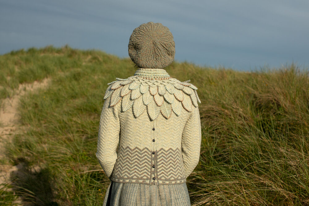 The Eagle Collar and Ruabhal patterncard kit designs by Alice Starmore and the Sheshader Pullover patterncard kit design by Jade Starmore in Hebridean 2 Ply