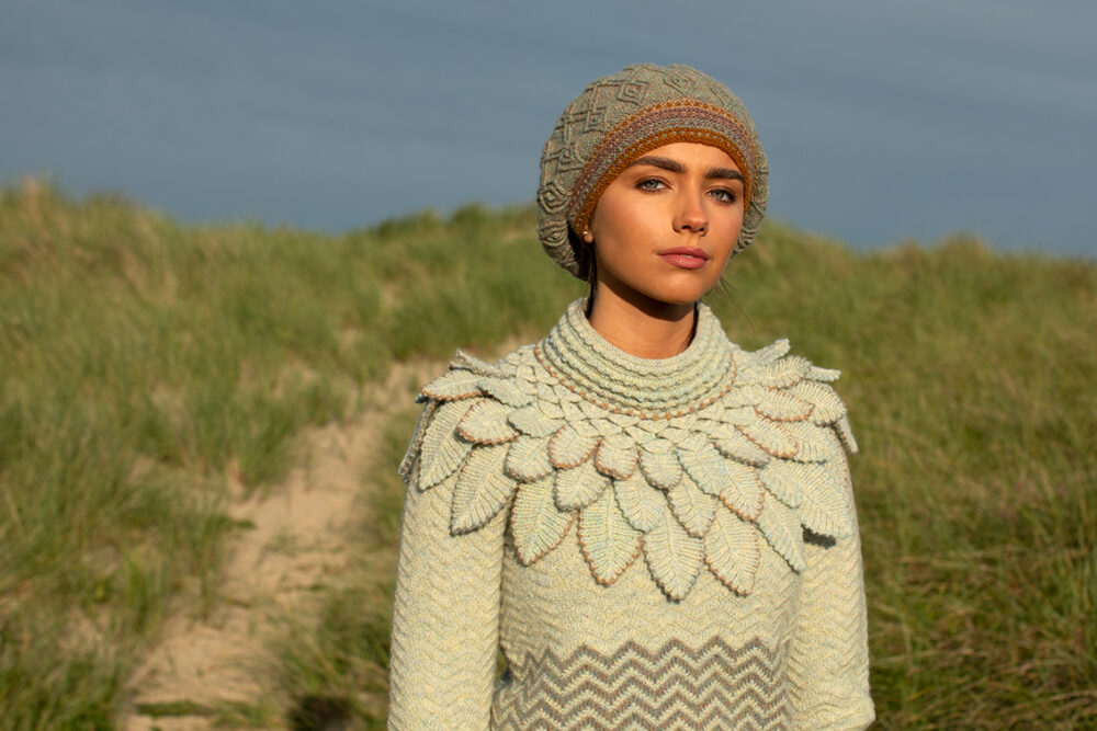 The Eagle Collar and Ruabhal patterncard kit designs by Alice Starmore and the Sheshader Pullover patterncard kit design by Jade Starmore in Hebridean 2 Ply