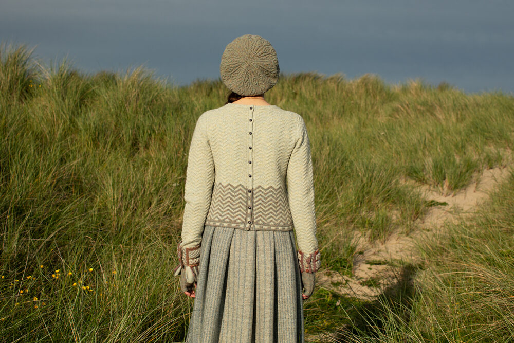 The Eagle Collar and Ruabhal patterncard kit designs by Alice Starmore and the Sheshader Pullover patterncard kit design by Jade Starmore in Hebridean 2 Ply