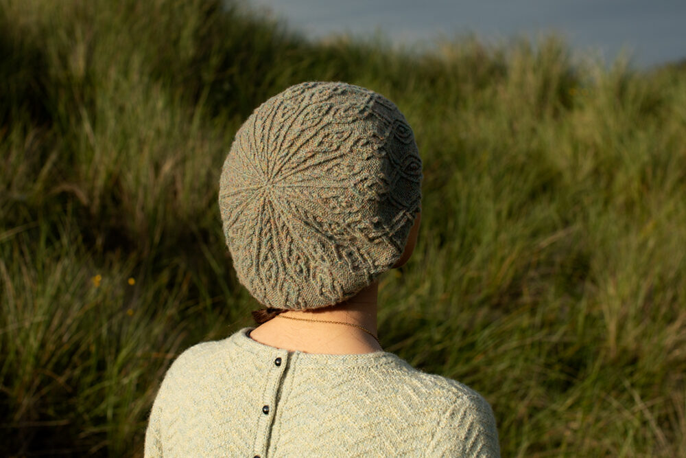The Eagle Collar and Ruabhal patterncard kit designs by Alice Starmore and the Sheshader Pullover patterncard kit design by Jade Starmore in Hebridean 2 Ply