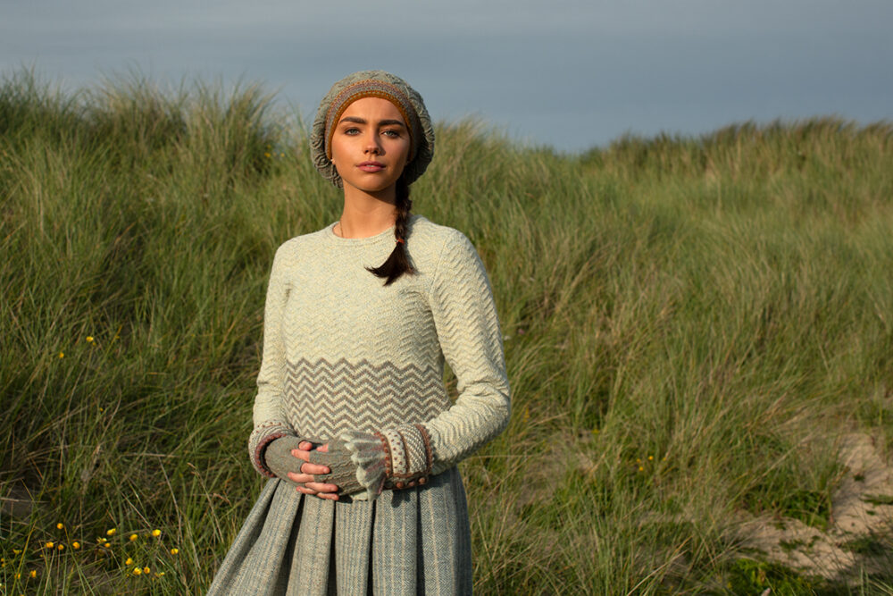 The Eagle Collar and Ruabhal patterncard kit designs by Alice Starmore and the Sheshader Pullover patterncard kit design by Jade Starmore in Hebridean 2 Ply