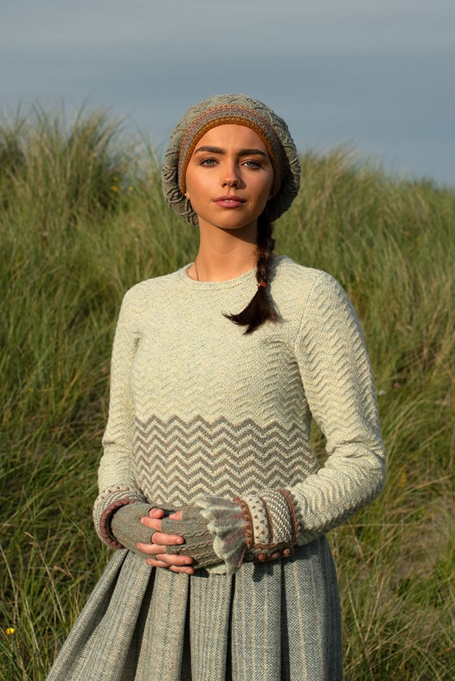 The Eagle Collar and Ruabhal patterncard kit designs by Alice Starmore and the Sheshader Pullover patterncard kit design by Jade Starmore in Hebridean 2 Ply