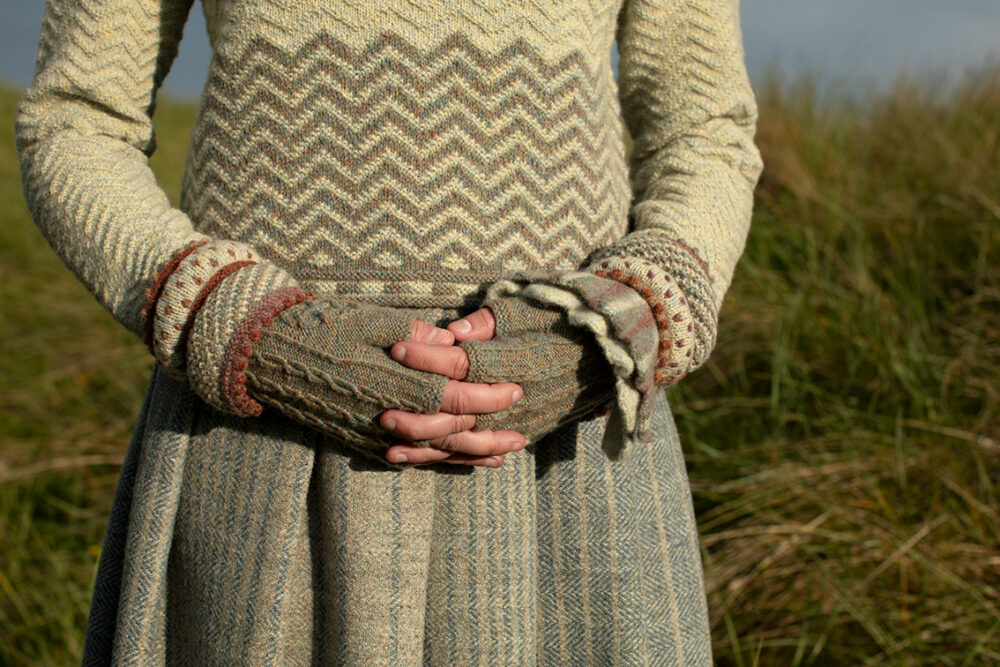 The Eagle Collar and Ruabhal patterncard kit designs by Alice Starmore and the Sheshader Pullover patterncard kit design by Jade Starmore in Hebridean 2 Ply
