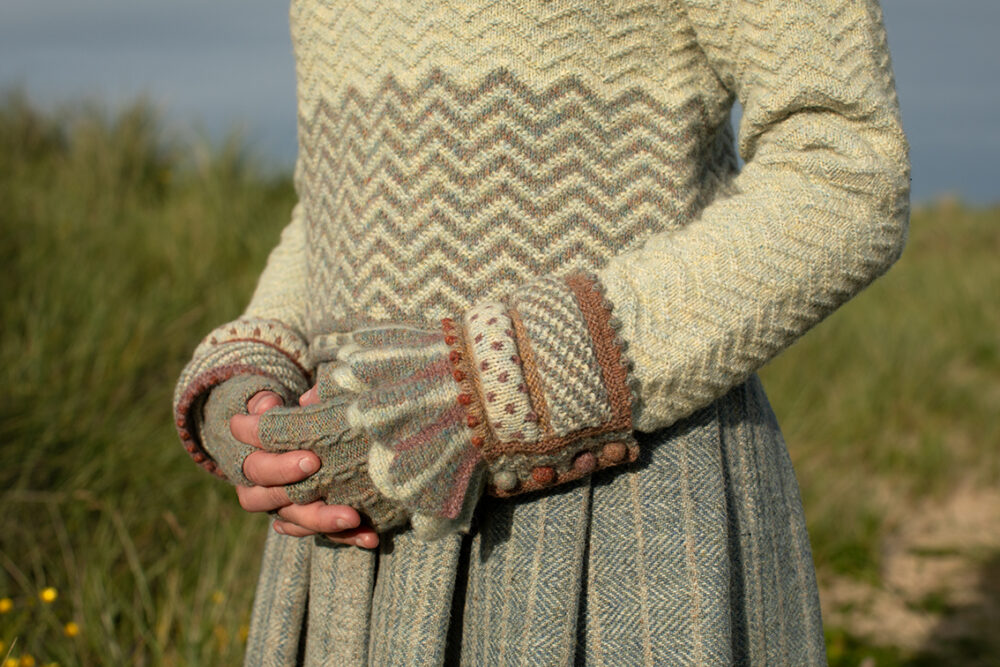 The Eagle Collar and Ruabhal patterncard kit designs by Alice Starmore and the Sheshader Pullover patterncard kit design by Jade Starmore in Hebridean 2 Ply