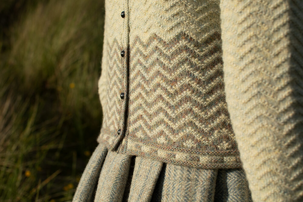 The Eagle Collar and Ruabhal patterncard kit designs by Alice Starmore and the Sheshader Pullover patterncard kit design by Jade Starmore in Hebridean 2 Ply