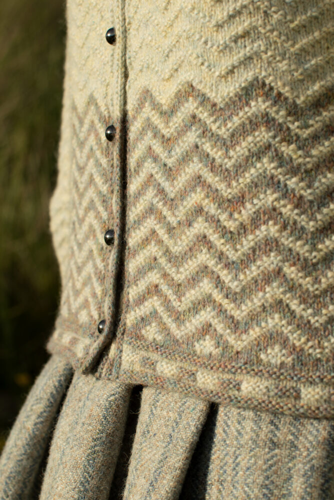 The Eagle Collar and Ruabhal patterncard kit designs by Alice Starmore and the Sheshader Pullover patterncard kit design by Jade Starmore in Hebridean 2 Ply