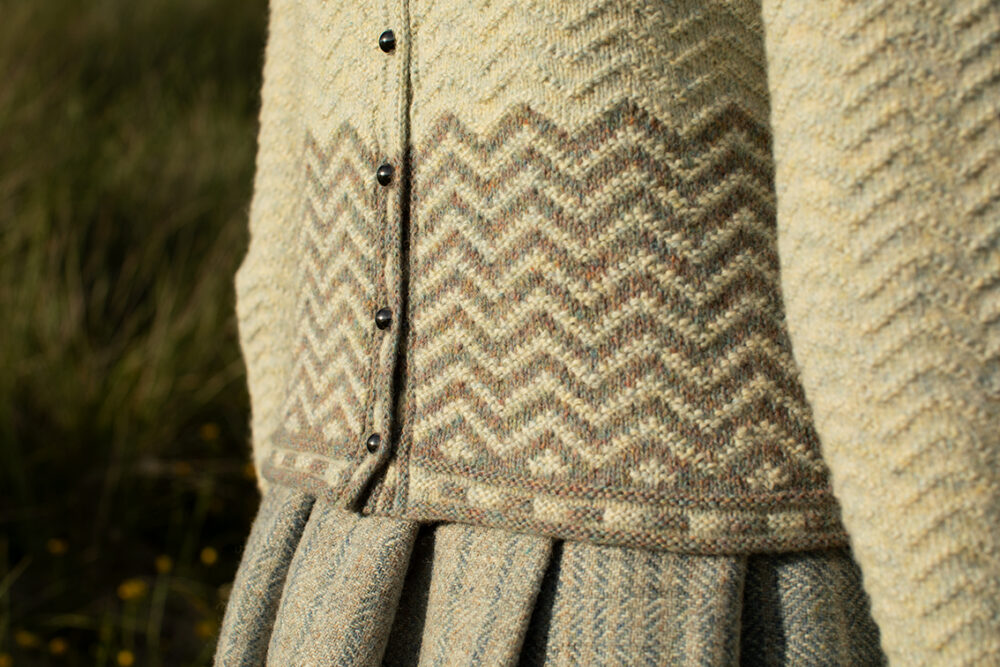 The Eagle Collar and Ruabhal patterncard kit designs by Alice Starmore and the Sheshader Pullover patterncard kit design by Jade Starmore in Hebridean 2 Ply