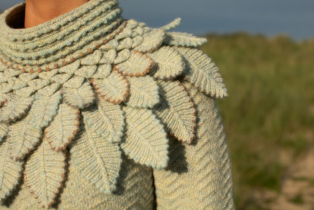 The Eagle Collar and Ruabhal patterncard kit designs by Alice Starmore and the Sheshader Pullover patterncard kit design by Jade Starmore in Hebridean 2 Ply