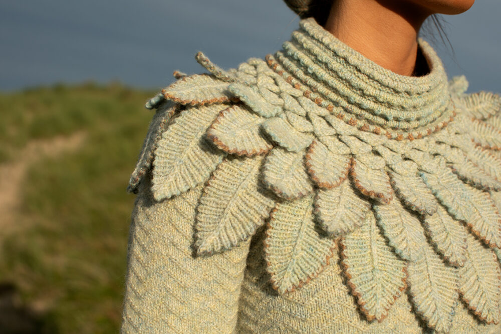 The Eagle Collar and Ruabhal patterncard kit designs by Alice Starmore and the Sheshader Pullover patterncard kit design by Jade Starmore in Hebridean 2 Ply