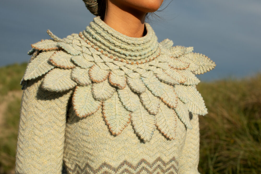 The Eagle Collar and Ruabhal patterncard kit designs by Alice Starmore and the Sheshader Pullover patterncard kit design by Jade Starmore in Hebridean 2 Ply