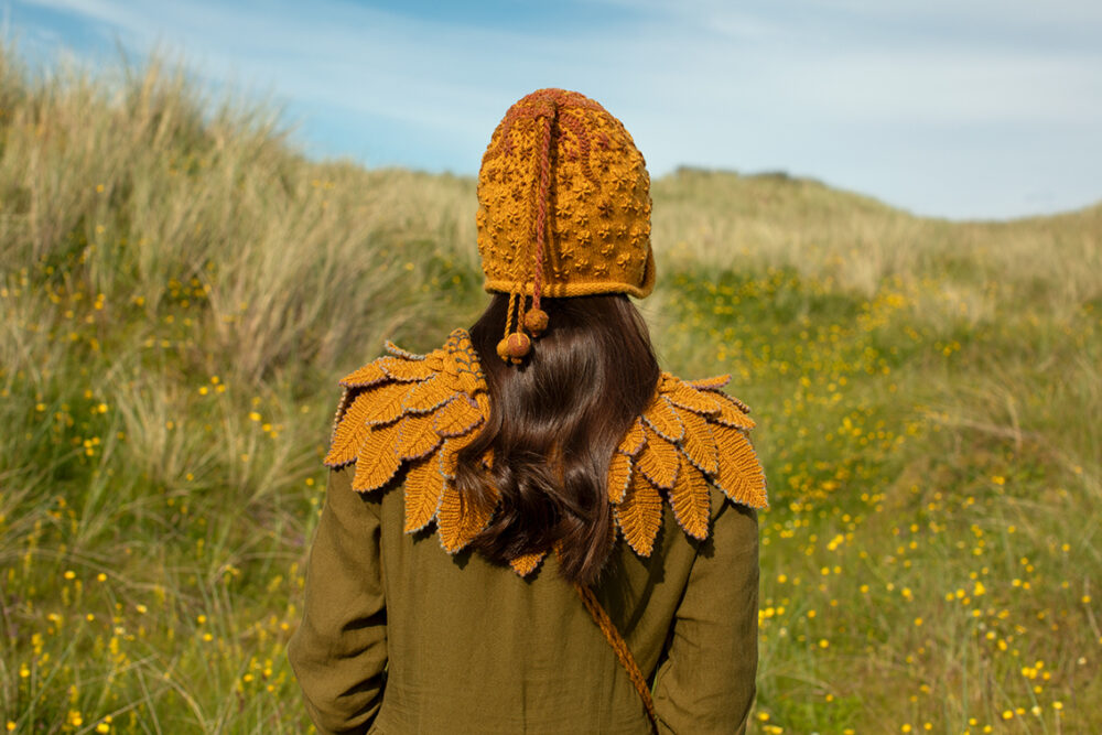 Eagle Collar, Hirta gloves, Creative Course 1 Hat, Creative Course 2 Cuff, Creative Course 3 Bag and Brecan Wrap designs by Alice Starmore in Hebridean 2 Ply