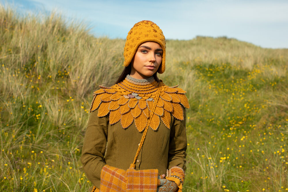 Eagle Collar, Hirta gloves, Creative Course 1 Hat, Creative Course 2 Cuff, Creative Course 3 Bag and Brecan Wrap designs by Alice Starmore in Hebridean 2 Ply