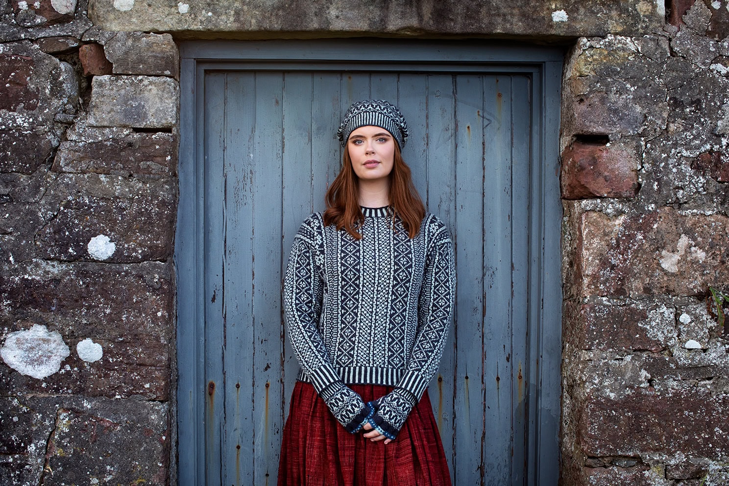 The Faroe pullover and Hirta Hat Set patterncard kit designs by Alice Starmore in Hebridean 2 Ply