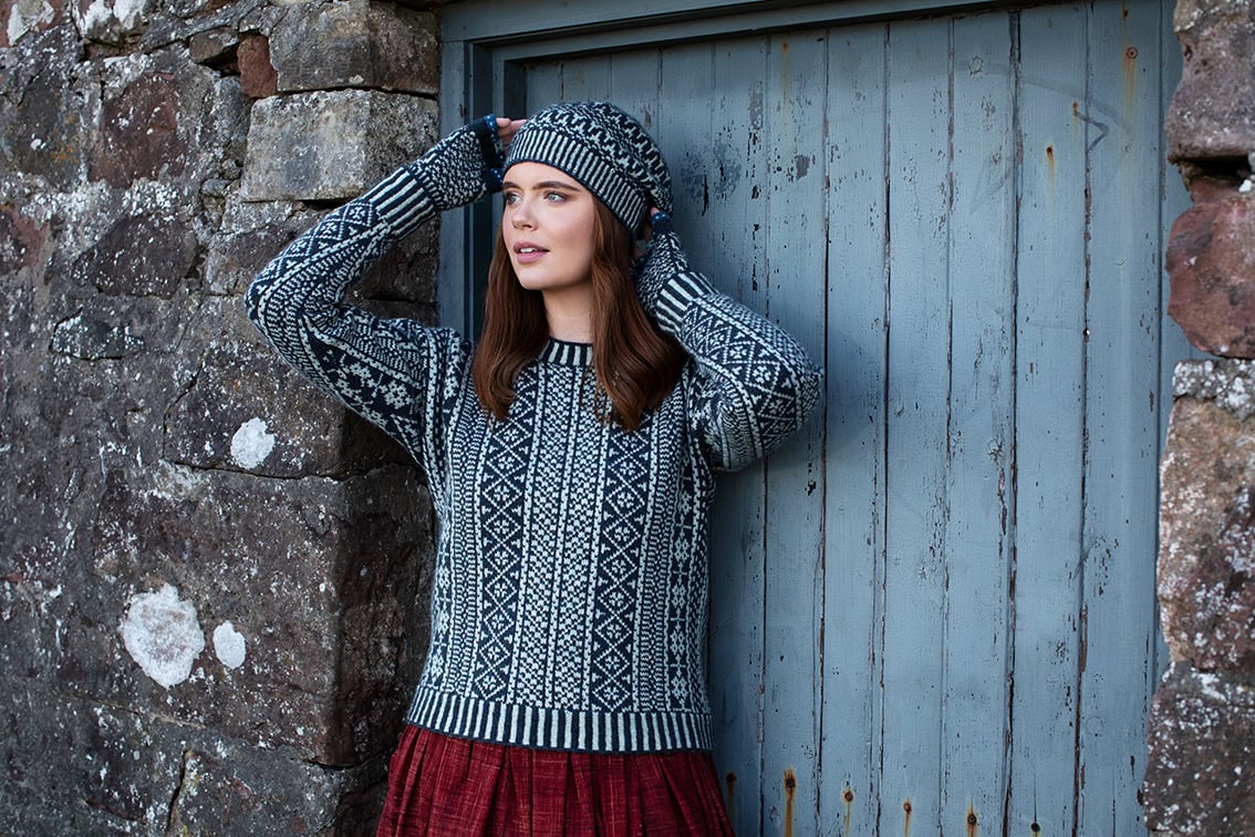 The Faroe pullover and Hirta Hat Set patterncard kit designs by Alice Starmore in Hebridean 2 Ply