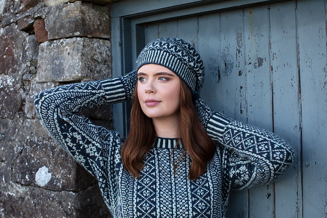 The Faroe pullover and Hirta Hat Set patterncard kit designs by Alice Starmore in Hebridean 2 Ply