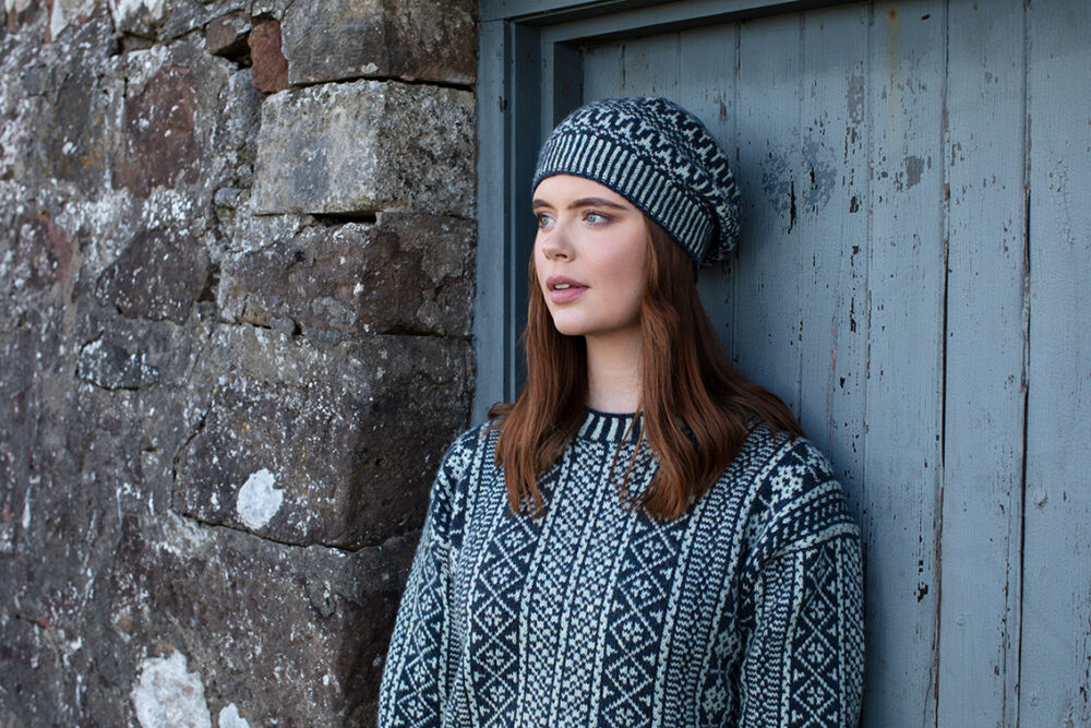 The Faroe pullover and Hirta Hat Set patterncard kit designs by Alice Starmore in Hebridean 2 Ply