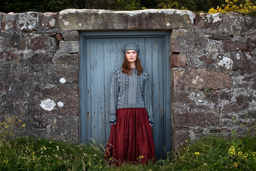 The Faroe pullover and Hirta Hat Set patterncard kit designs by Alice Starmore in Hebridean 2 Ply