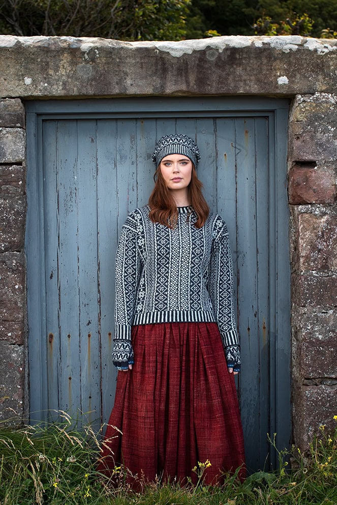 The Faroe pullover and Hirta Hat Set patterncard kit designs by Alice Starmore in Hebridean 2 Ply