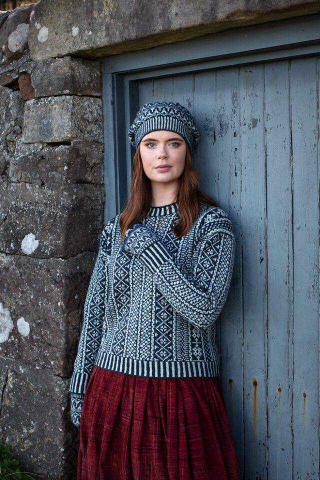 The Faroe pullover and Hirta Hat Set patterncard kit designs by Alice Starmore in Hebridean 2 Ply