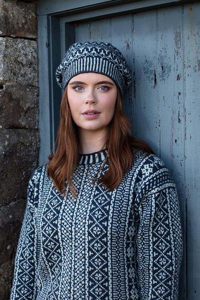 The Faroe pullover and Hirta Hat Set patterncard kit designs by Alice Starmore in Hebridean 2 Ply