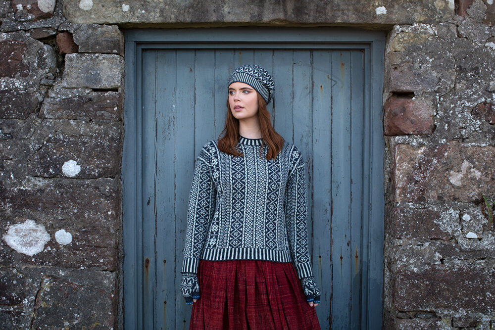 The Faroe pullover and Hirta Hat Set patterncard kit designs by Alice Starmore in Hebridean 2 Ply
