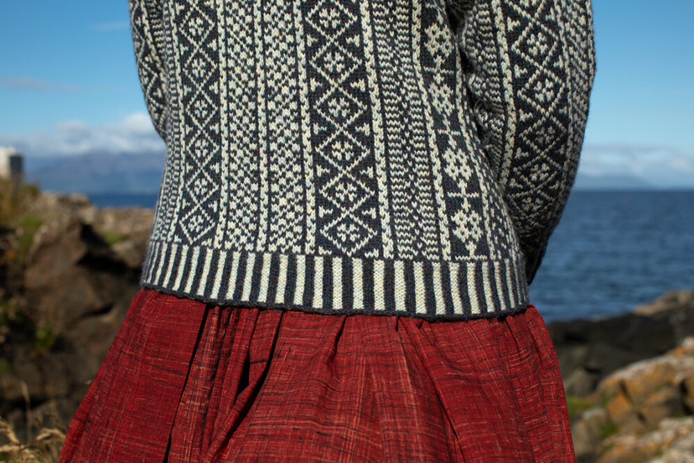 The Faroe pullover and Hirta Hat Set patterncard kit designs by Alice Starmore in Hebridean 2 Ply