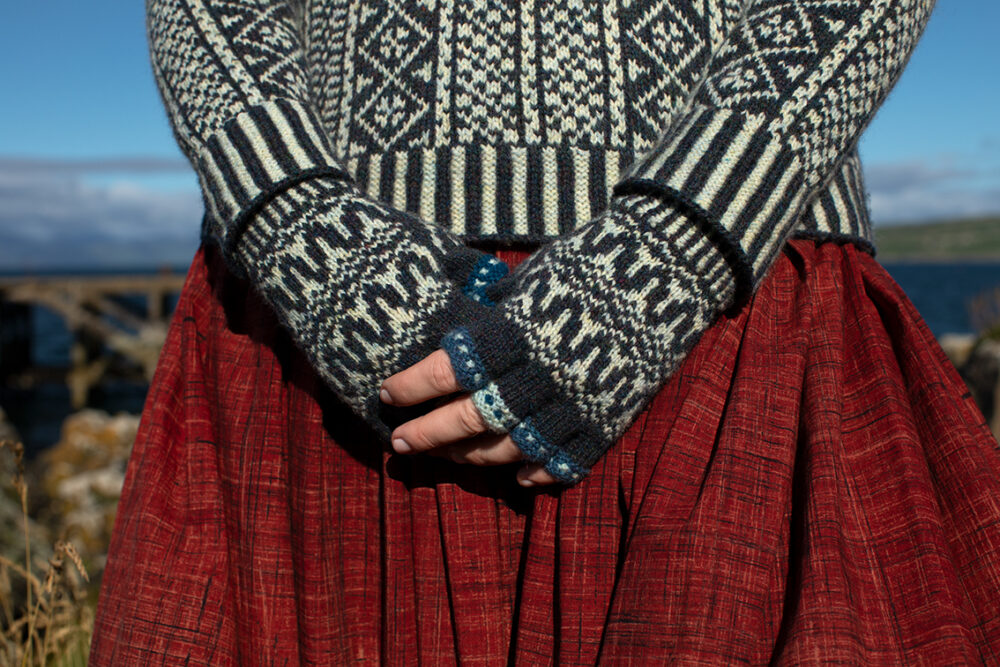 The Faroe pullover and Hirta Hat Set patterncard kit designs by Alice Starmore in Hebridean 2 Ply