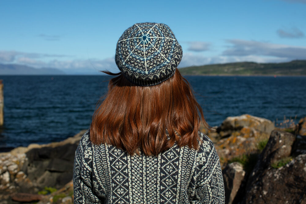 The Faroe pullover and Hirta Hat Set patterncard kit designs by Alice Starmore in Hebridean 2 Ply
