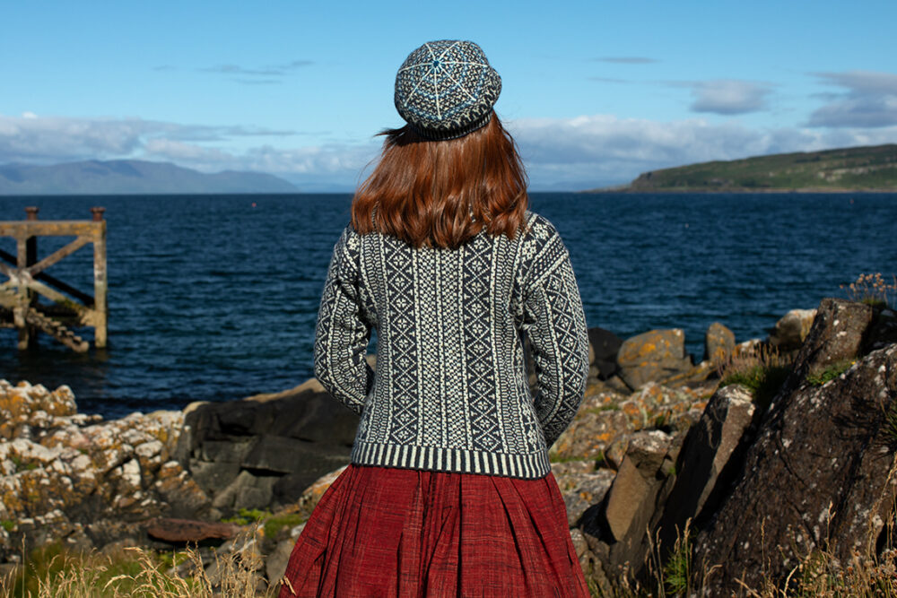 The Faroe pullover and Hirta Hat Set patterncard kit designs by Alice Starmore in Hebridean 2 Ply