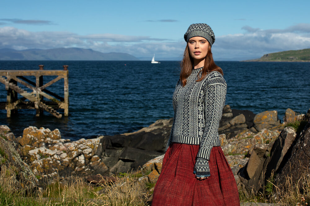 The Faroe pullover and Hirta Hat Set patterncard kit designs by Alice Starmore in Hebridean 2 Ply
