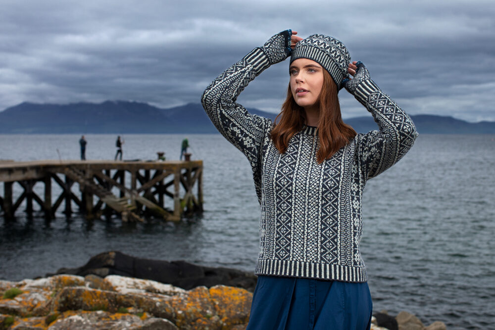 The Faroe pullover and Hirta Hat Set patterncard kit designs by Alice Starmore in Hebridean 2 Ply