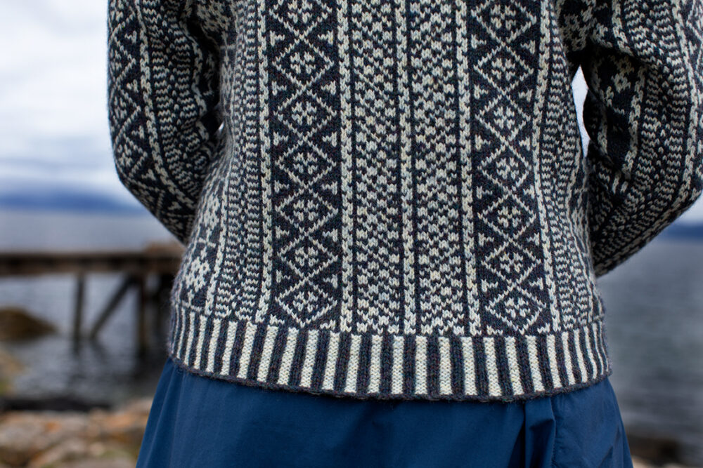 The Faroe pullover and Hirta Hat Set patterncard kit designs by Alice Starmore in Hebridean 2 Ply