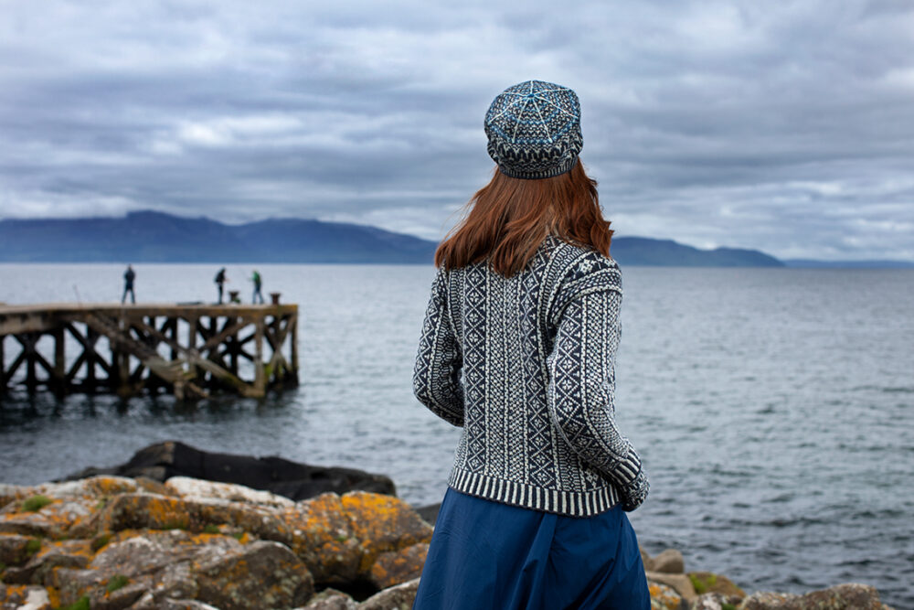 The Faroe pullover and Hirta Hat Set patterncard kit designs by Alice Starmore in Hebridean 2 Ply